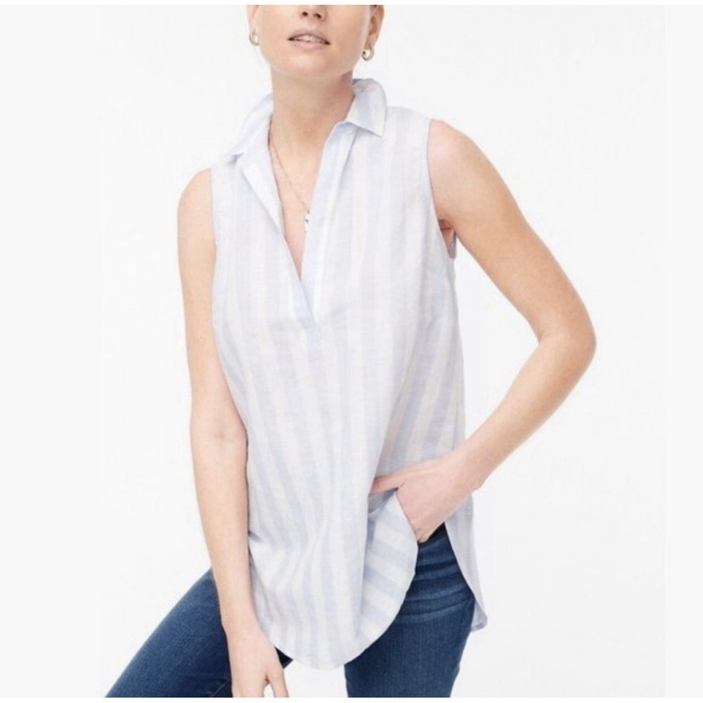 J. Crew Women's Sleeveless Stripe Collar Popover Shirt Blue White Linen Cotton